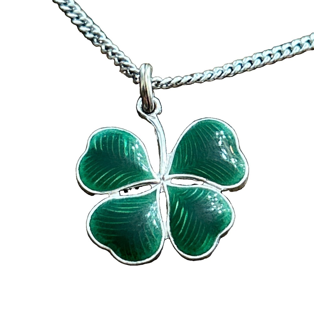 Vintage Sterling Silver Green Enamel Four Leaf Clover Pendant Necklace